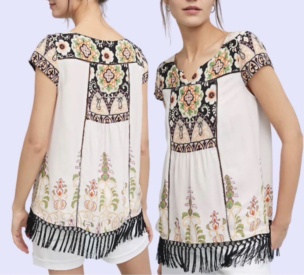 Vanessa Virginia Anthropologie Floral Eyelet Fringe Blouse Top Sz S Small Boho